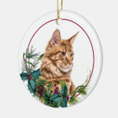 Ginger Maine Coon Cat Evergreen Berry Wreath Keramik Ornament (Links)