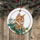 Ginger Maine Coon Cat Evergreen Berry Wreath Keramik Ornament