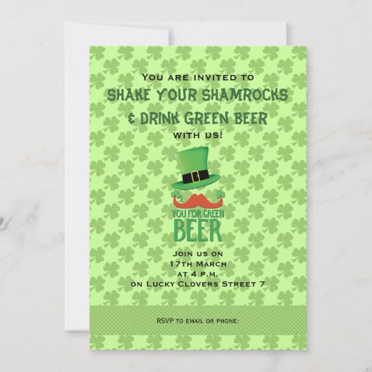 Ginger Mustache Sie grünes Bier Klee Einladung (Vorderseite)