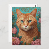 Ginger Tabby Cat and Peonies Postkarte (Vorne/Hinten)