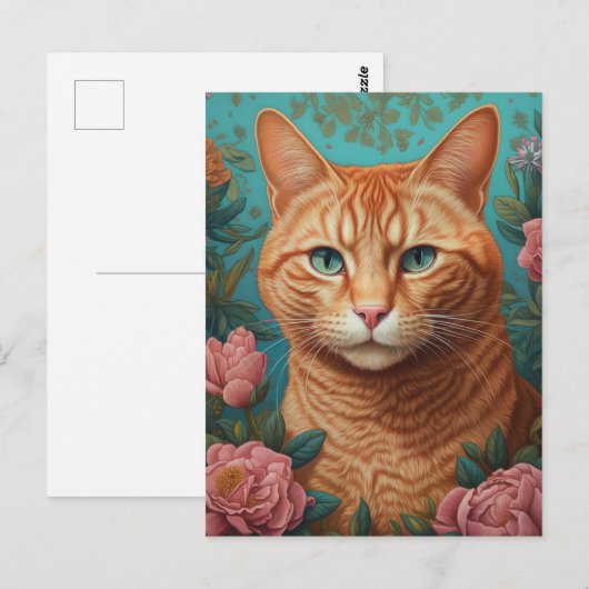 Ginger Tabby Cat and Peonies Postkarte (Vorne/Hinten)