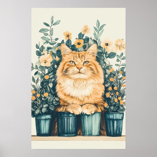 Ginger Tabby Cat Umgeben von blühenden Blume Poster (Vorne)