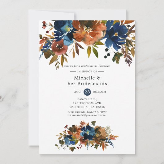 Ginger und Navy Floral Bridesmaids Luncheon Einladung (Vorderseite)