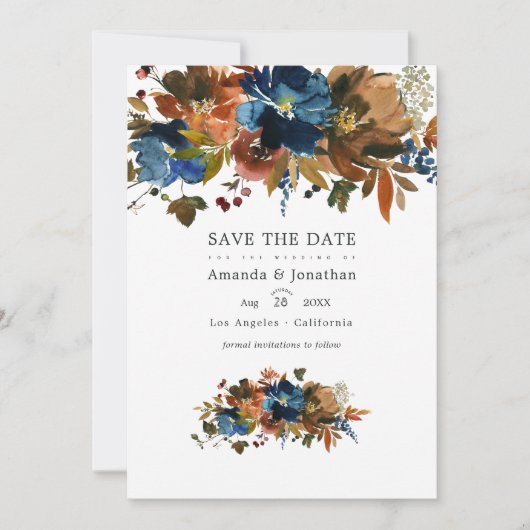 Ginger und Navy Floral Wedding Foto Save The Date (Vorderseite)