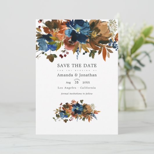 Ginger und Navy Floral Wedding Foto Save The Date (Stehend Vorderseite)