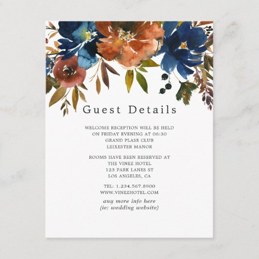 Ginger und Navy Floral Wedding Guest Details Begleitkarte (Vorderseite)