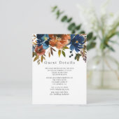 Ginger und Navy Floral Wedding Guest Details Begleitkarte (Stehend Vorderseite)