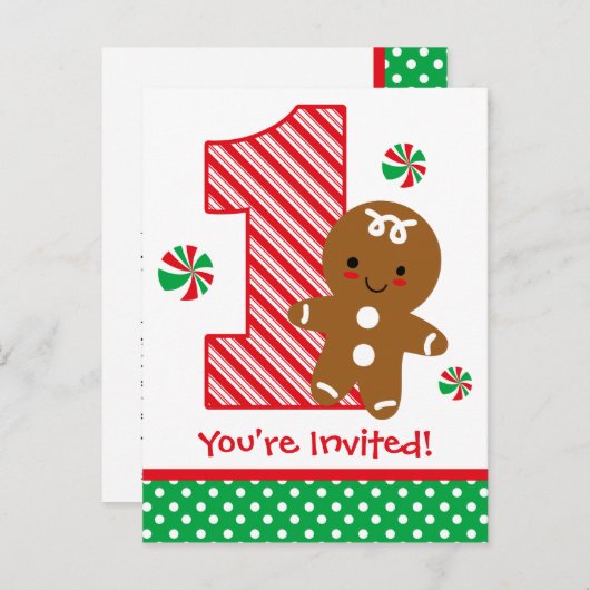 Gingerbread Boy 1. Geburtstag Einladung (Vorne/Hinten)