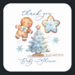 Gingerbread Boy Christmas Tree Baby Dusche Danke Quadratischer Aufkleber<br><div class="desc">Dieses Design zeigt eine Aquarellbilder von Gingerbread Baby Boy,  Gingerbread Weihnachtsbaum und Stern. Die Texte "Danke" und "Babydusche" sind in modernem kalligrafischem Schriftart geschrieben.</div>