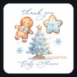 Gingerbread Boy Christmas Tree Baby Dusche Danke Quadratischer Aufkleber<br><div class="desc">Dieses Design zeigt eine Aquarellbilder von Gingerbread Baby Boy,  Gingerbread Weihnachtsbaum und Stern. Die Texte "Danke" und "Babydusche" sind in modernem kalligrafischem Schriftart geschrieben.</div>