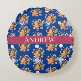 Gingerbread Candy Cane Christmas Red Blue Rundes Kissen