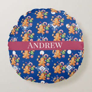 Gingerbread Candy Cane Christmas Red Blue Rundes Kissen