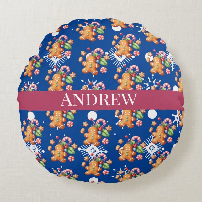 Gingerbread Candy Cane Christmas Red Blue Rundes Kissen (Vorderseite)