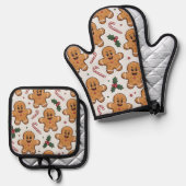 Gingerbread Candy Canes & Holly Sprigs Christmas Ofenhandschuh & Topflappen-Set (Vorderseite/Rückseite)