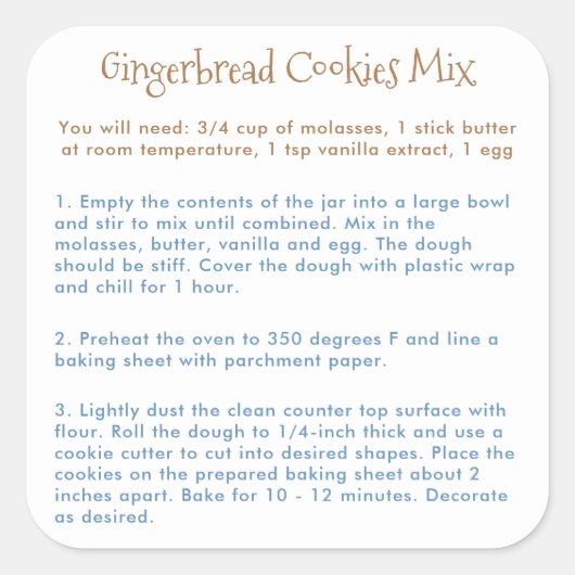 Gingerbread Cookies - Mix-Anweisungen Quadratischer Aufkleber (Vorderseite)