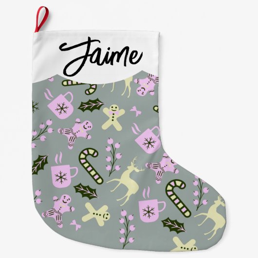 Gingerbread Deer Candycane Grüne Weihnachten Großer Weihnachtsstrumpf (Vorderseite)