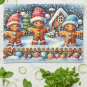 Gingerbread Family Snowy Christmas Scene Blue Geschirrtuch (Gefaltet)
