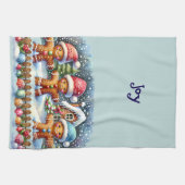 Gingerbread Family Snowy Christmas Scene Blue Geschirrtuch (Horizontal)