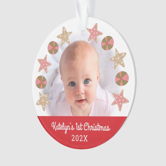 Gingerbread Girl Red Baby First Christmas Foto Ornament (Vorderseite)