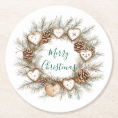 Gingerbread Hearts Pine Cones Wreath Christmas Runder Pappuntersetzer (Vorderseite)