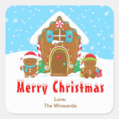 Gingerbread House Blue and Red Frohe Weihnachten Quadratischer Aufkleber (Vorderseite)