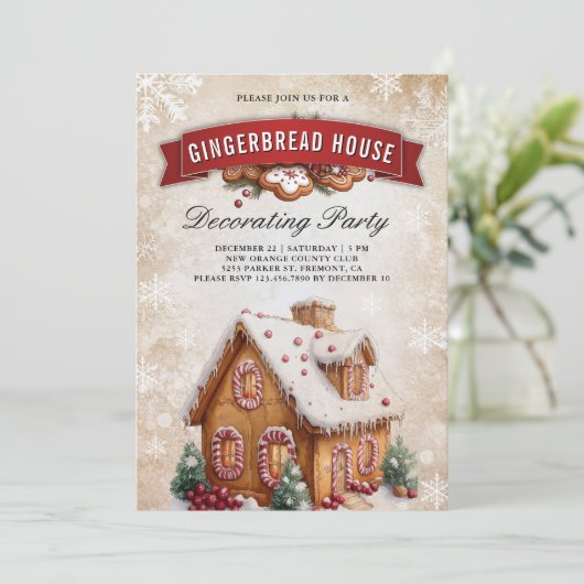 Gingerbread House Decoration Party Weihnachten Einladung (Stehend Vorderseite)
