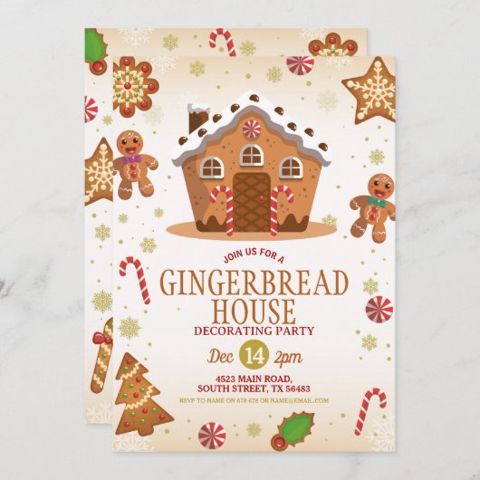 Gingerbread House Decoration Party Weihnachten Einladung (Vorne/Hinten)