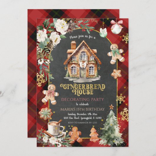 Gingerbread House Decoration Party Weihnachten Kar Einladung (Vorne/Hinten)