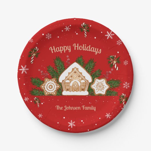 Gingerbread House Happy Holidays Red Pappteller (Vorderseite)
