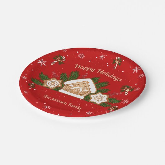 Gingerbread House Happy Holidays Red Pappteller (Schrägansicht)