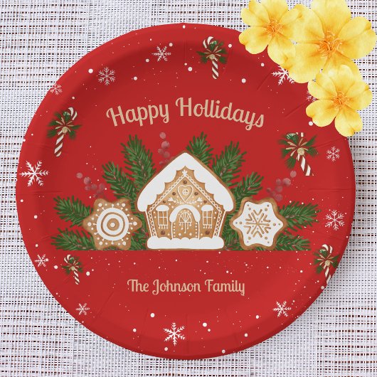 Gingerbread House Happy Holidays Red Pappteller