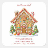 Gingerbread House Holiday Moving Rücksendeadresse Quadratischer Aufkleber (Vorderseite)