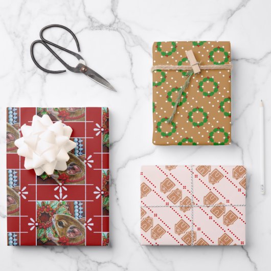 Gingerbread House Mouse & Wreath Watercolor Art Wa Geschenkpapier Set (Vorderseite)