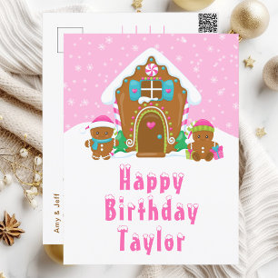 Gingerbread House Pink Happy Birthday Postkarte