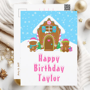 Gingerbread House Pink und Blue Happy Birthday Postkarte