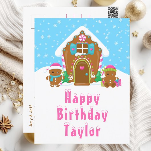 Gingerbread House Pink und Blue Happy Birthday Postkarte