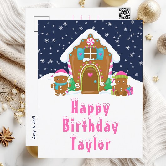 Gingerbread House Pink und Navy Happy Birthday Postkarte