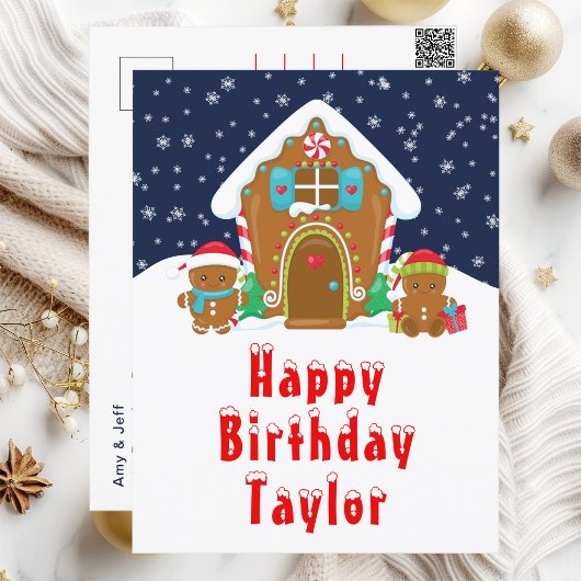 Gingerbread House Red and Navy Happy Birthday Postkarte