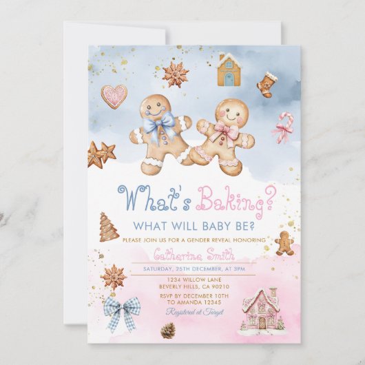Gingerbread-Junge-Mädchen-Kekse Rosa Blau Winter Einladung (Vorderseite)