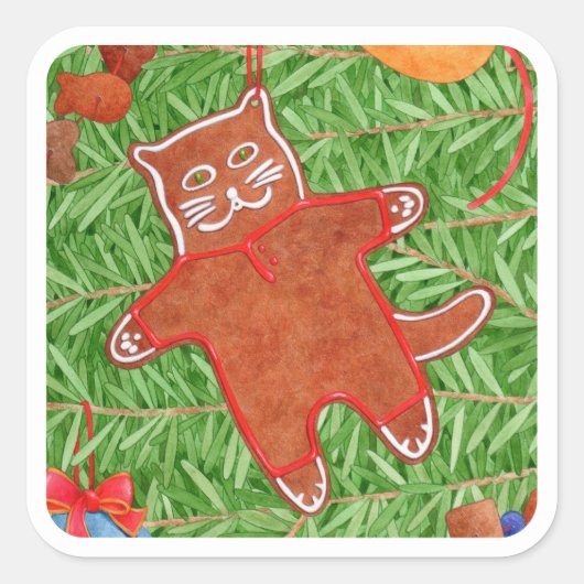 GINGERBREAD KITTY Large Square Sticker / White (Vorderseite)