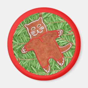 GINGERBREAD KITTY Round Magnet / Rot