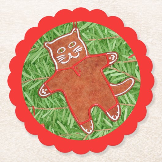 GINGERBREAD KITTY Scallout Runde Untersetzer / Rot (Vorderseite)