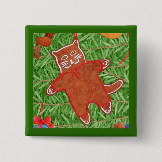 GINGERBREAD KITTY Square Button Button / Green (Vorderseite)