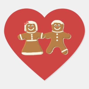 Gingerbread Man and Woman on Red Herz-Aufkleber