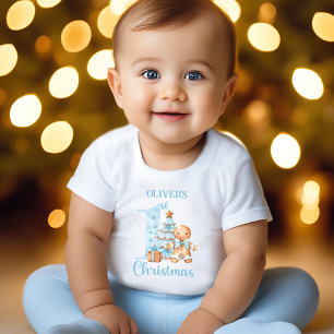 Gingerbread Man Blue Beige Name Erster Weihnachtsa Baby T-shirt