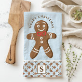 Gingerbread Man Blue Monogram Frohe Weihnachten Geschirrtuch