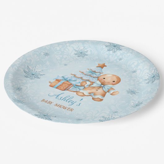 Gingerbread Man Boy Blue Weihnachtsdusche Pappteller (Schrägansicht)