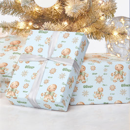 Gingerbread Man Boy Name Blue Green Christmas Geschenkpapier