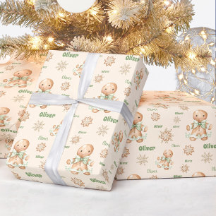 Gingerbread Man Boy Name Green Beige Weihnachten Geschenkpapier