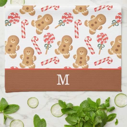 Gingerbread Man Candy Cane Monogram Geschirrtuch (Gefaltet)